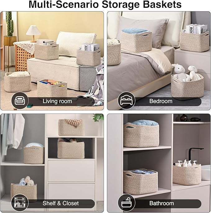 ICERZCZ Small Storage Baskets for Shelves Organizing, Woven Cotton Rope Baskets for Storage, Book Basket, Decorative Shelf Basket, 12.5"Lx9.1''Wx7.9''H (4 Packs) Mixed Brown