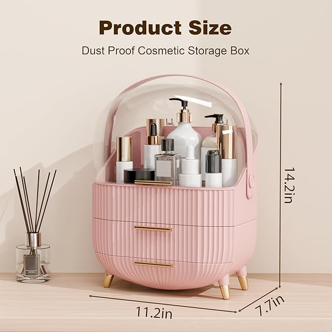 Makeup Organizer for Vanity Cosmetics Skincare Organizers with Lid and Drawers Display Cases for Countertop (Pink) | for Vanity, Organizers, with Lid, and Drawers, for Countertop