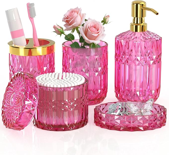 Hot-Pink Glass Bathroom Accessories Set 5 Pcs, Soap Dispenser and Toothbrush Holder Set, Qtip Holder Set, Vintage Bathroom Sink Set, Cute Bathroom Decor