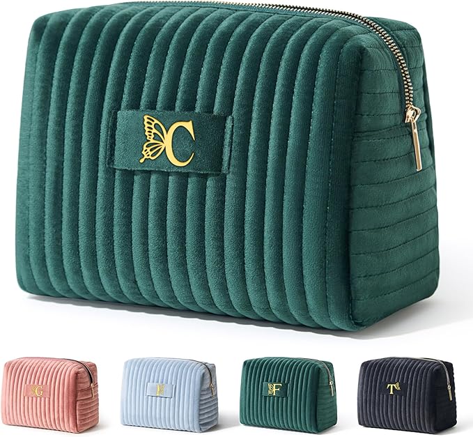 COSHAYSOO Personalized 16th 18th 21st Birthday Gifts for Girls Travel Makeup Bag Quilted Make Up Cosmetic Pouch 16 17 18 19 20 21 Year Old Girl College Dorm Essentials Green Velvet Initial Letter C
