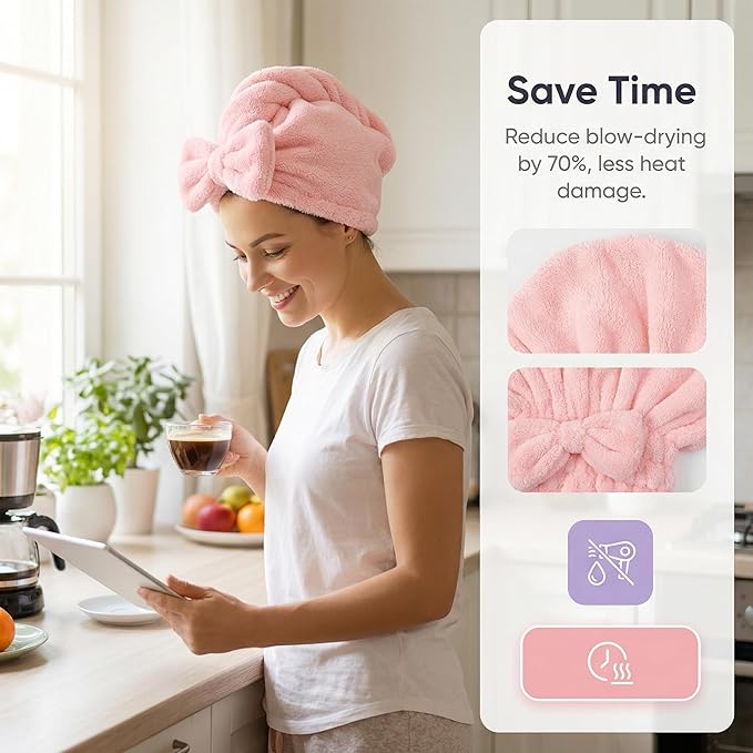 Cute Bow Microfiber Hair Towel for Girls, Quick Drying Hair Turban for Women Kids, Super Absorbent Anti Frizz Hair Cap for Curly Thick Hair, Lightweight Travel Towel (Two Pink)