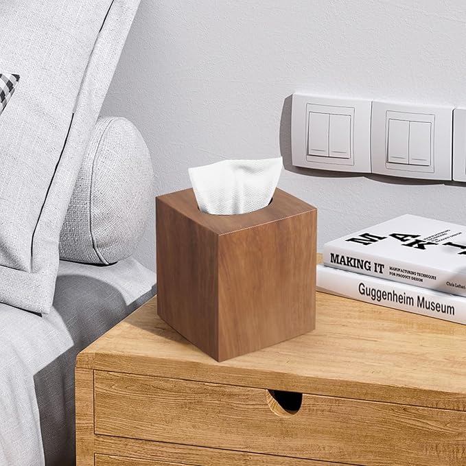 Tissue Box Holder, Tissue Box Cover Square Facial Tissue Holder Storage for Bathroom Vanity, Countertops, Dressers, Night Stand and Offices, Modern Farmhouse Decor, Wood Grain