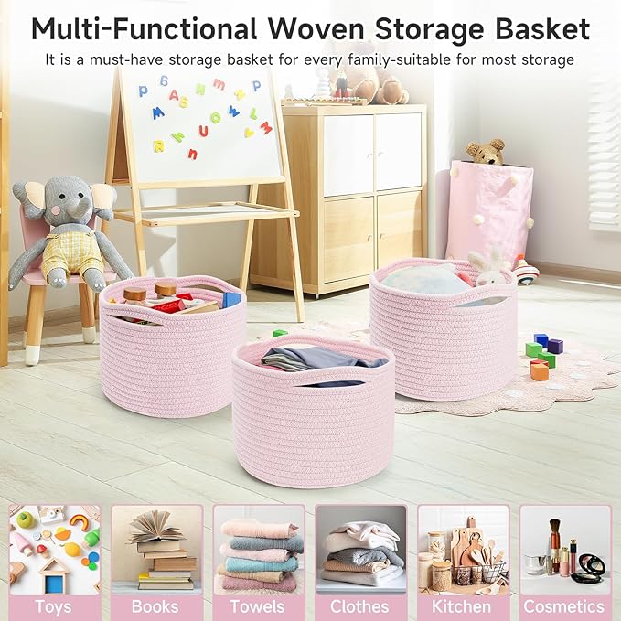 Small Rope Baskets for Storage, Baskets for Gifts Empty, Cute Round Woven Basket, Decorative Shelf Baskets 9.82×9.82×7.1", Cotton Toy Basket Storage Bins for Organizer 3 Packs-Pink