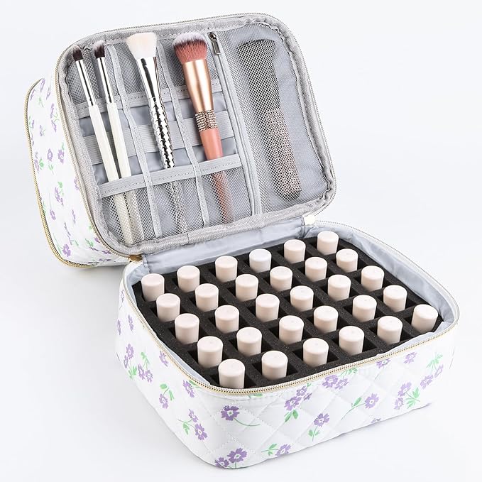 hibear Nail Supplies Organizer Nail Polish Storage Holds 30 BottlesNail Polish Storage Holds 30 Bottles Nail Kit Case Makeup Bag Vanity Case for Women (floral blue)