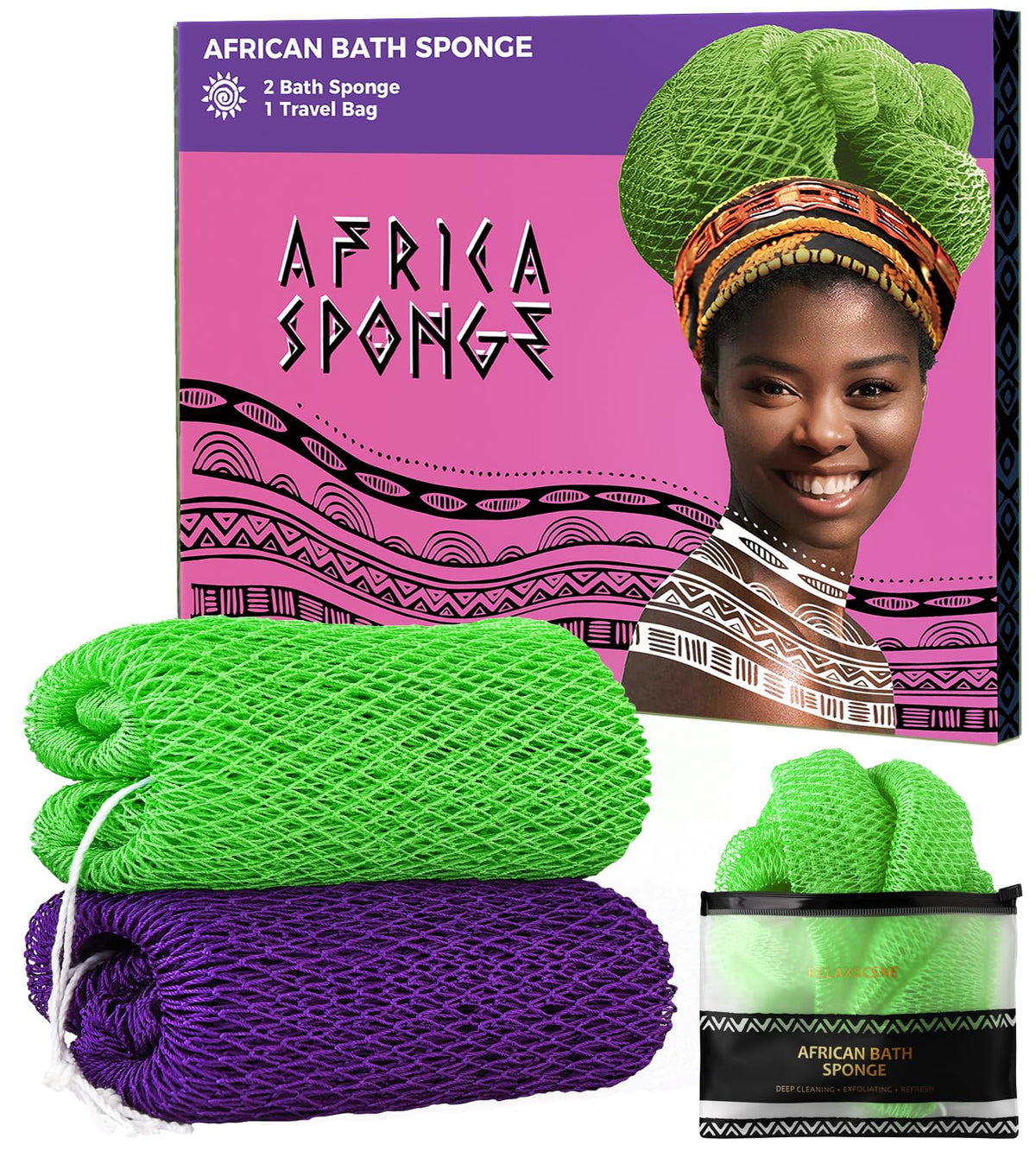 African Net Sponge Authentic - 2 Pieces Exfoliating Body Scrubber Bath Sponge - Back Scrubber Washcloth for Shower - Real African Scrub Exfoliator Body Care Bathing Accessories for Women