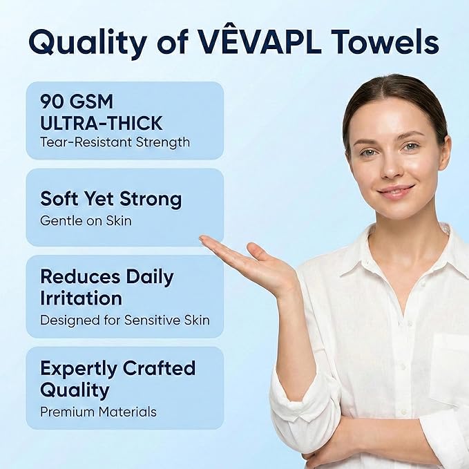 VÊVAPL® - VEVAPL Clean Facial Towels XL – 60 Towels | 100% Viscose, Disposable Face Towel, Dermatologist Tested, Ultra Soft, Ultra Thick 90GSM for Skincare, Makeup Removal & Daily Cleansing