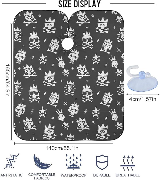 Visesunny Barber Cape - Cool Skull In Crown Black Doodle Polyester Hair Cutting Salon Apron Anti-Static Haircut Water-Resistant Shaving Cloth Beard Shaving Bib Hairdressing Cape