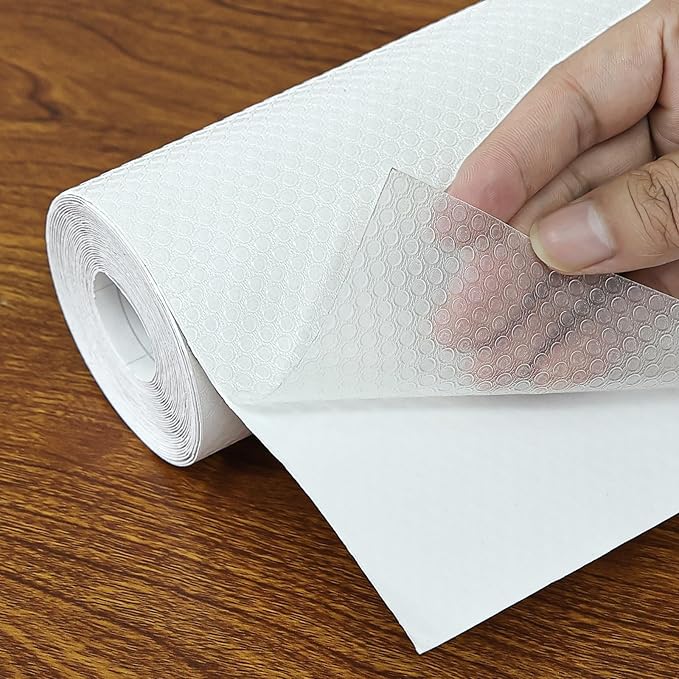 Hersvin Shelf Liners 10 in x 20 ft Self-Adhesive EVA Drawer Mats, Cupboard Protector, Kitchen Cabinet Lining Fridge Liner (Clear Flat Dot, 25.4x610cm)