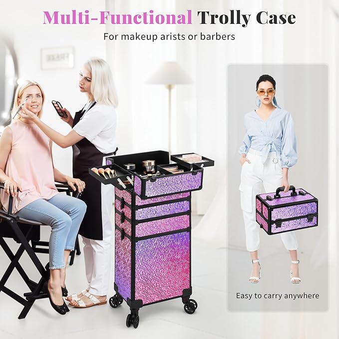 JINGUAN Professional Rolling Makeup Train Case with Lid, 5 in 1 Cosmetology Case on Wheels, Large Cosmetic Trolley Organizer Travel for Hairstylist Artist Nail Beauty Salon Barber, Gravel Pink