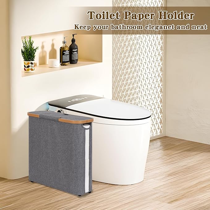 Toilet Paper Storage Basket with Lid - The Ultimate Bathroom Organizer, Free Standing Toilet Paper Holder for Up to 12 Mega Rolls, Toilet Tissue Storage Bin with Handle for RV Closet, Grey