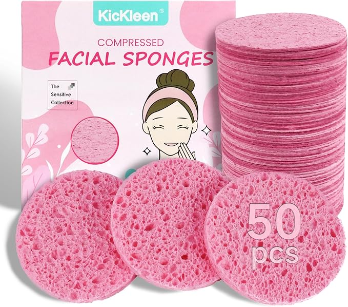 50-Count Compressed Facial Sponges|Kickleen 100% Natural Cellulose Cosmetic Spa Sponges for Daily Facial Cleansing|Makeup and Mask Removal|Exfoliating|Skin Massage|Pore Exfoliation (50 Count (Pink))