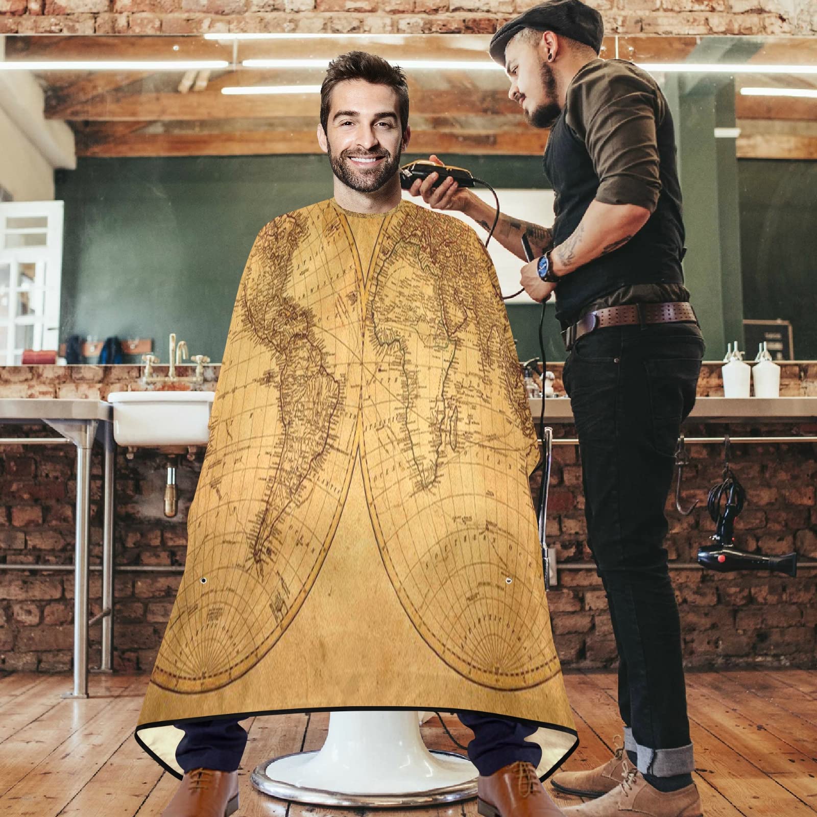 visesunny Barber Cape Retro Style World Map Polyester Hair Cutting Salon Cape Apron Anti-Static Haircut Water-Resistant Shaving Cloth Beard Shaving Bib Hairdressing Cape