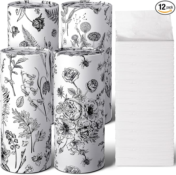 Zonon 4 Pcs Vintage Floral Car Tissue Cylinder with 240 Sheets 3 Ply Facial Tissue Bulk Black and White Round Tissues Holder Box Travel Tubes for Car Cup Holder Round Container