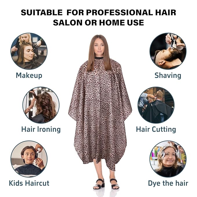 Waterproof Leopard Hair Cutting Cape - 64" x 56" Salon Cape with Adjustable Neckline for Professional Stylists and Home Use