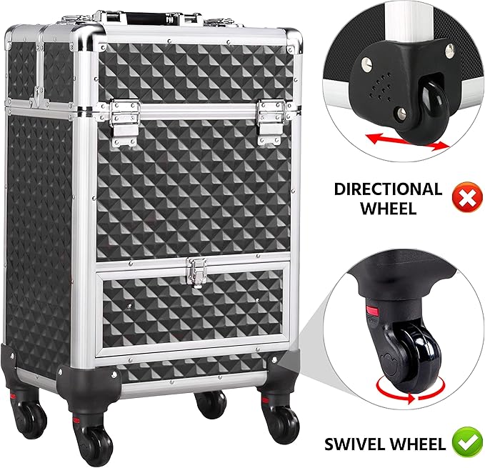 Yaheetech Rolling Makeup Train Case with a Drawer Nail Trolley Black/Silver