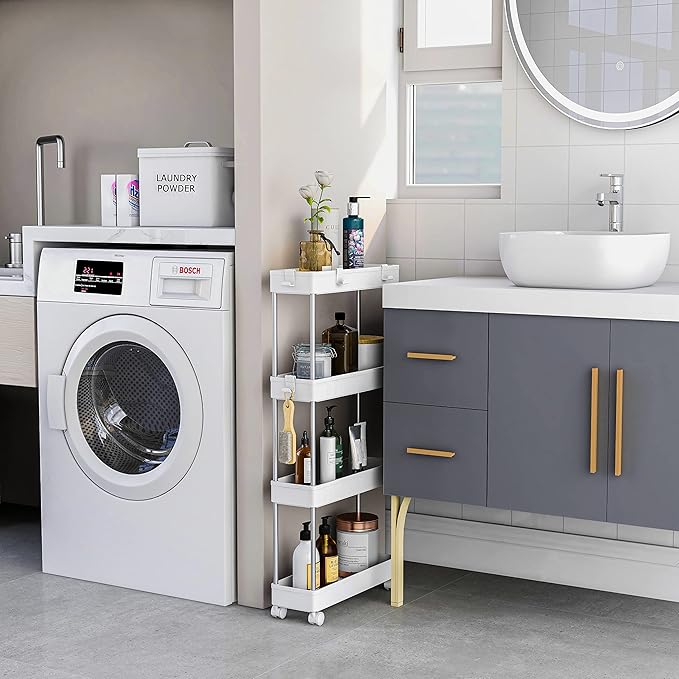 4 Tier Slim Storage Cart Mobile Shelving Unit Organizer Slide Out Storage Rolling Utility Cart Tower Rack for Kitchen Bathroom Laundry Narrow Places, Plastic & Stainless Steel, White