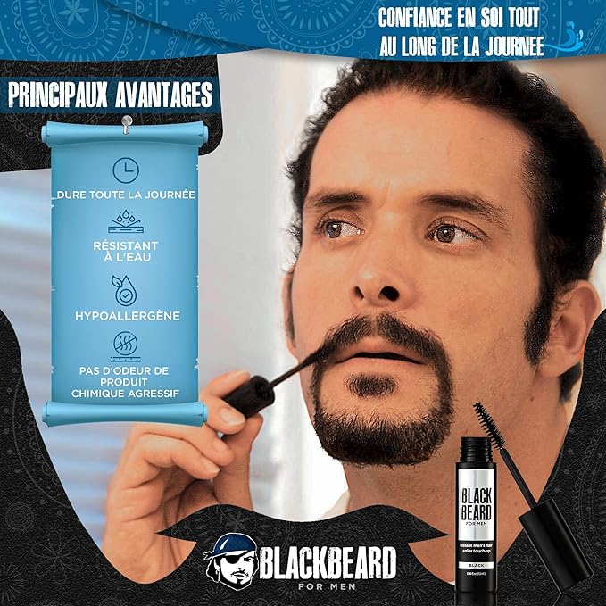 Blackbeard for Men Beard Color – 1-Day Beard, Mustache, Eyebrow, Sideburns Color – Temporary Facial Hair Tint - Hypoallergenic Beard Dye Alternative – Up to 45 applications – Black, 1 Pack