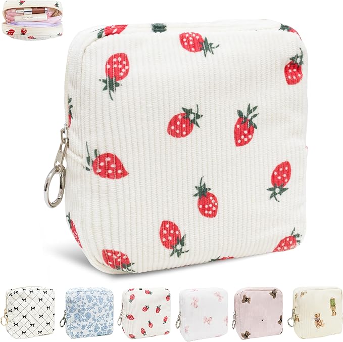 Period Bag for Girls, Corduroy Sanitary Napkin Storage Bag, Period Pouch & Tampon Holder, Feminine Care Organizer（Strawberry）