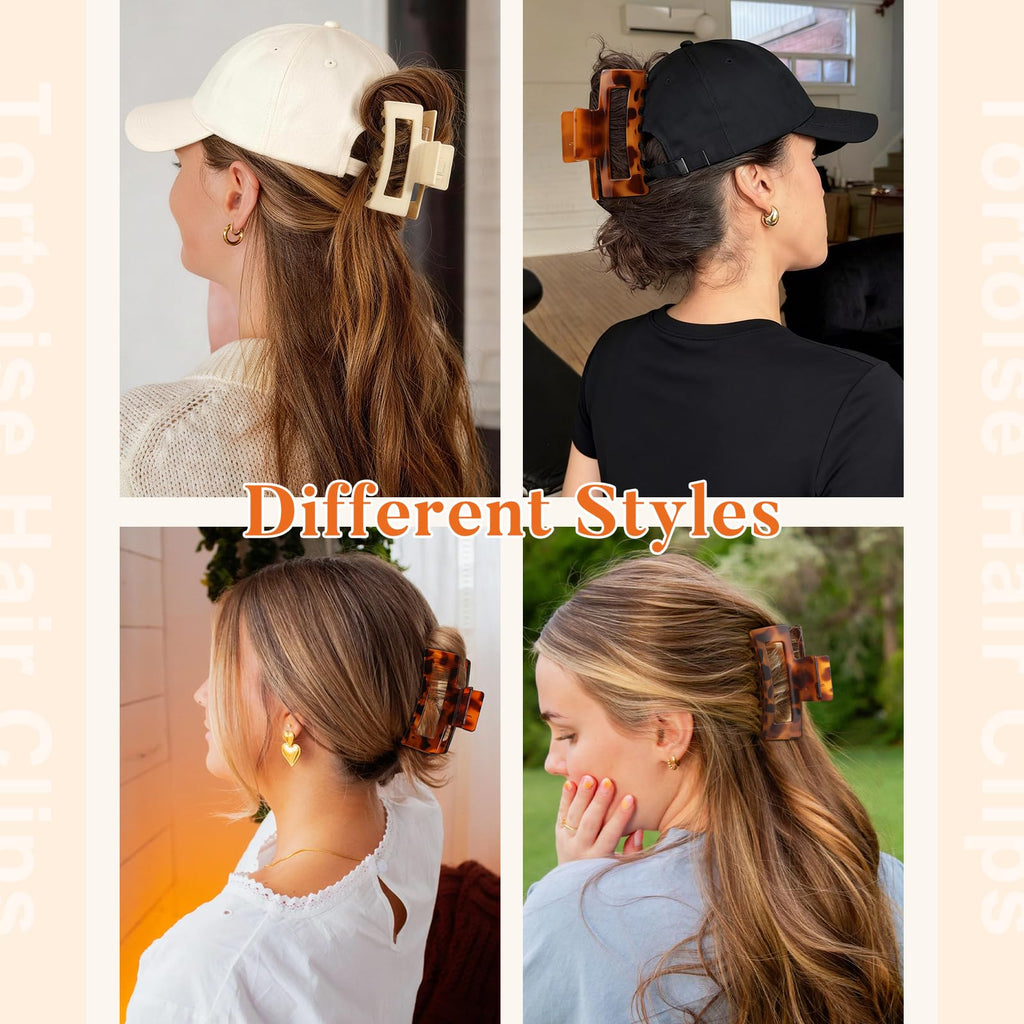 Auseibeely 6 Pack 4.1 Inch Large Claw Clips for Thick Hair, Big Tortoise Shell Claw Clip for women, Square Hair Clips for Thick/Long/Curly Hair, Strong Hold Non-slip Baseball Jaw Clip Accessories