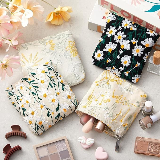Abbylike 4 Pcs Small Makeup Bag Corduroy Cosmetic Pouch with Zipper Portable Little Bags for Purse Mini Pouch Cute Makeup Purse for Coin Essentials Items Women (Embroidery)