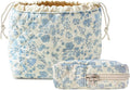 HAPPYHEIDI Floral Quilted Cotton Drawstring Makeup Bag Set 2 Compartment Cosmetic Toiletry Travel Pouch Accessory purse Organizer, Blue Orchids