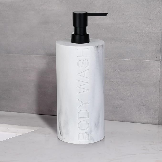 Indecor Home Resin White Marbled Body Wash Engraved Bottle Refillable Pump Dispenser, Durable Waterproof Construction for Bath, Shower - Resin White Marble - Matte Black Pump