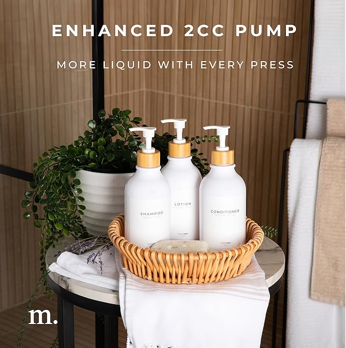 Shampoo and Conditioner Bottles Set of 3 White Bamboo – Shower Shampoo Dispenser – Hotel Style Bathroom Upgrade by MaisoNovo