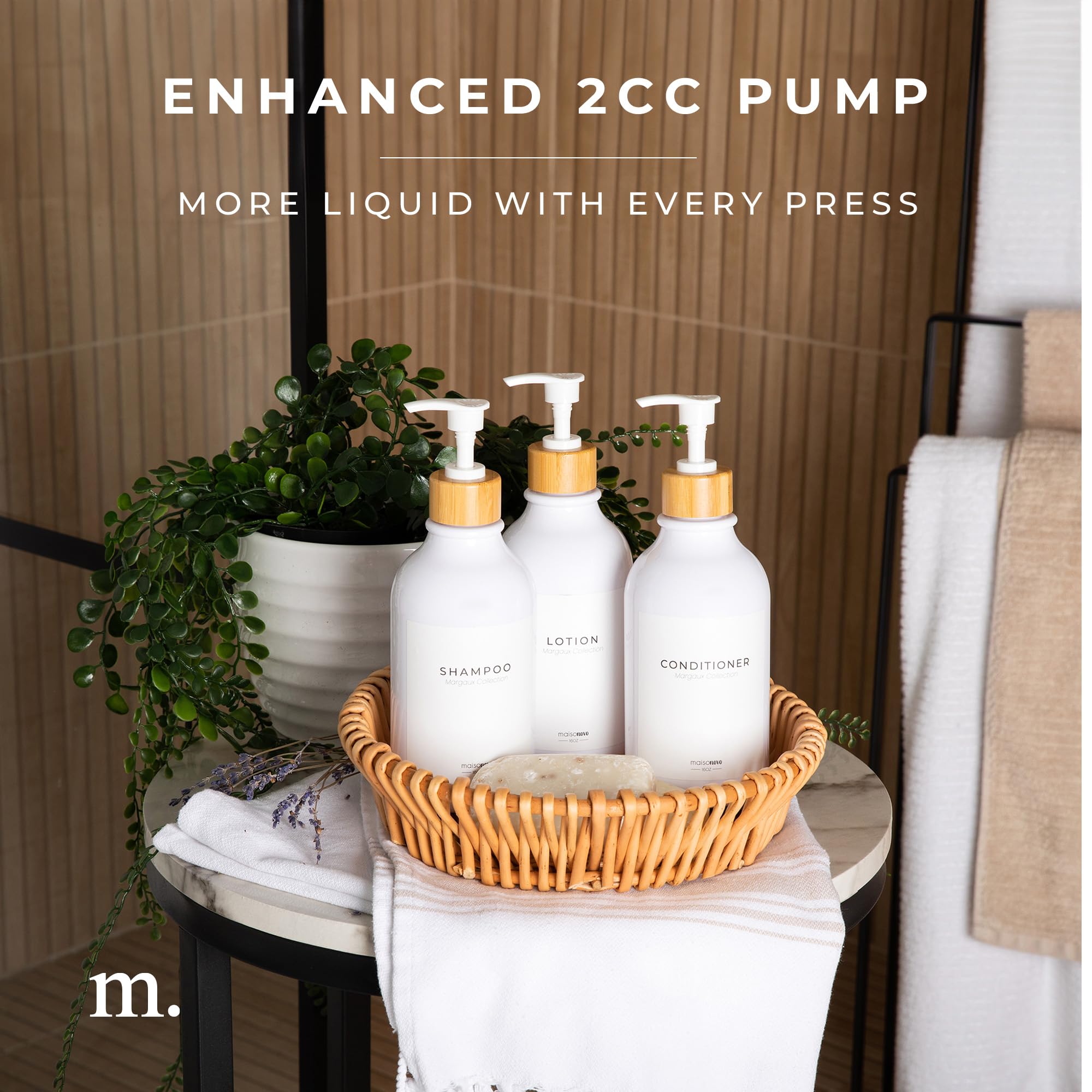 Shampoo and Conditioner Bottles Set of 3 White Bamboo – Shower Shampoo Dispenser – Hotel Style Bathroom Upgrade by MaisoNovo