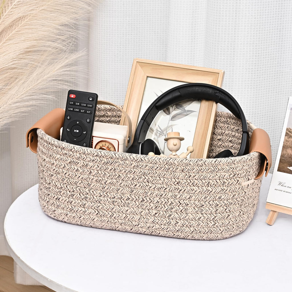 Storage Baskets for Organizing, Small Woven Basket Set of 6-4 Shelf Basket with Leather Handle and 2 Small Gift Baskets, Cotton Rope Basket for Shelves, Nursery, Dog Toy, Bathroom