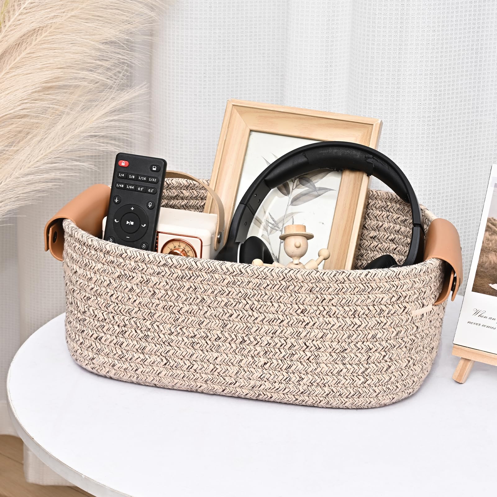 Storage Baskets for Organizing, Small Woven Basket Set of 6-4 Shelf Basket with Leather Handle and 2 Small Gift Baskets, Cotton Rope Basket for Shelves, Nursery, Dog Toy, Bathroom