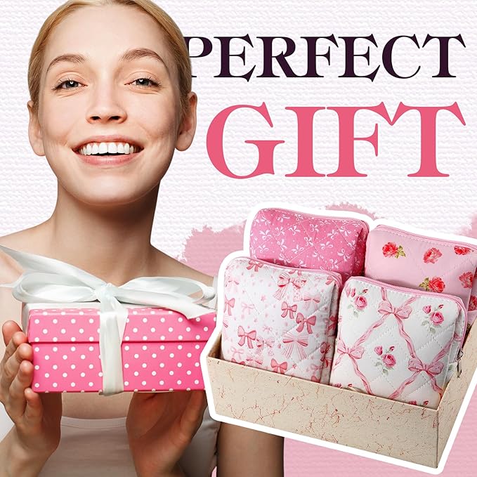 Paterr 4 Pcs Mini Quilted Floral Makeup Bag Pink Bow Cosmetic Bag Small Coquette Quilted Pouch with Zipper Cute Kawaii Cotton Travel Toiletry Bags Girls for Back to School Teacher Students Gifts