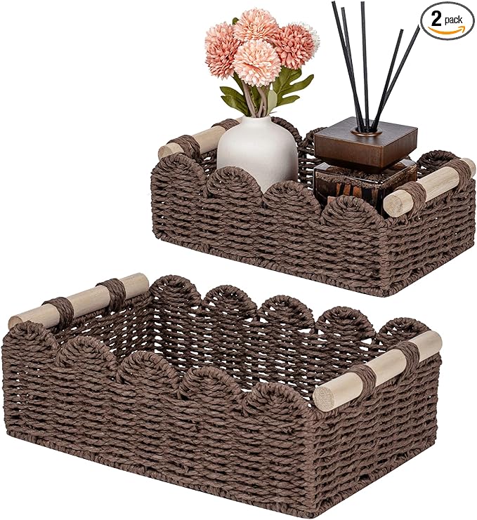 CubesLand Toilet Paper Storage Organizer Basket, Scalloped Decorative Baskets for Over Toilet Shelves, Wicker Small Basket Perfect for Home Countertop Storage & Decor, Living Room Shelf Decor, Brown
