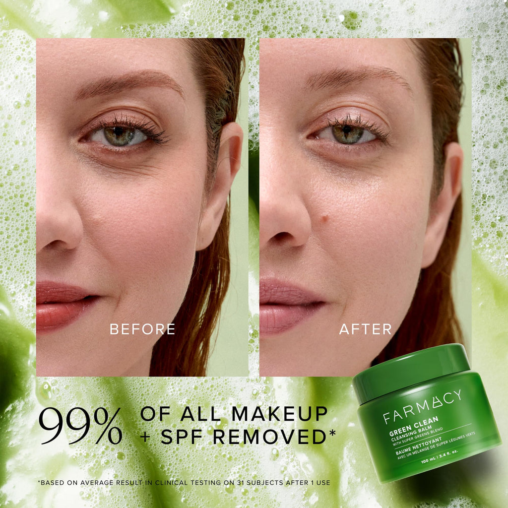 Farmacy Makeup Remover Cleansing Balm - Green Clean Waterproof Makeup Remover Balm + Oil Cleanser for Face - Gently Melts Make Up + SPF - Hydrates + Softens Skin with Super Greens + Papaya (200ml)