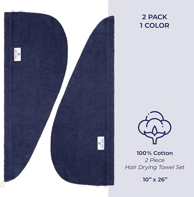 American Soft Linen 100% Cotton Hair Towels for Women, Head Towel Cap, Cotton Hair Turban Towel Wrap for Long Curly Anti Frizz Hair, Soft and Absorbent Cotton Hair Towels 2 Pack, Navy Blue