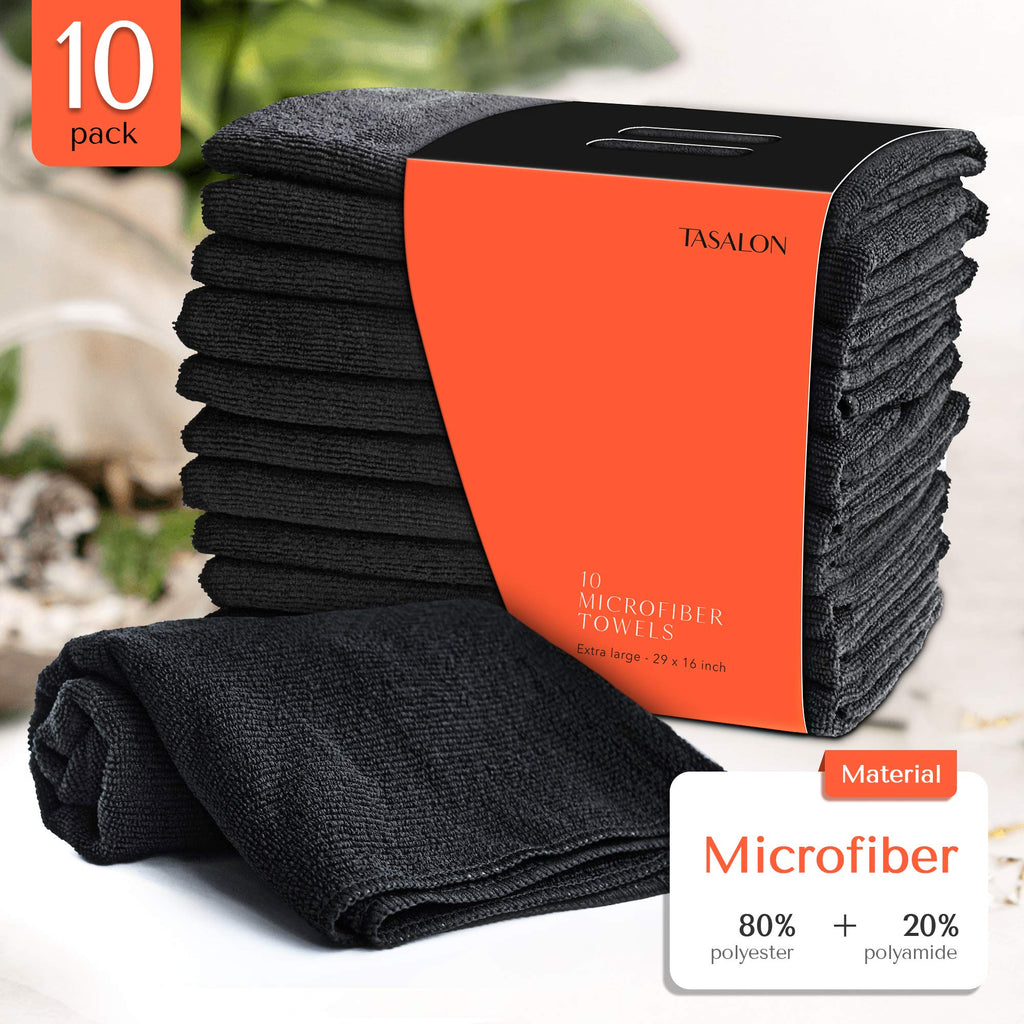TASALON Microfiber Salon Hair Towels 10 Pack, 29" x 16" Ultra-Soft - Black