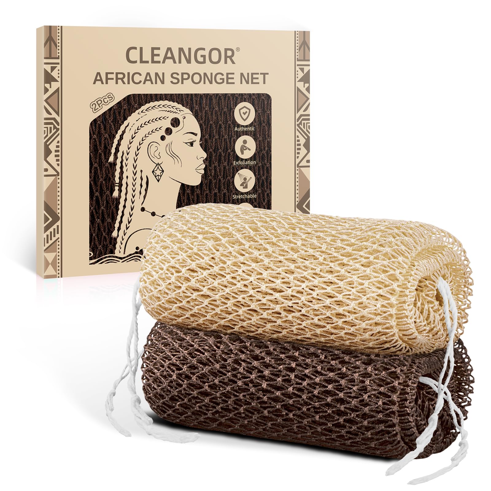 Cleangor 2Pcs African Net Sponge Authentic with Knots - Exfoliating Body