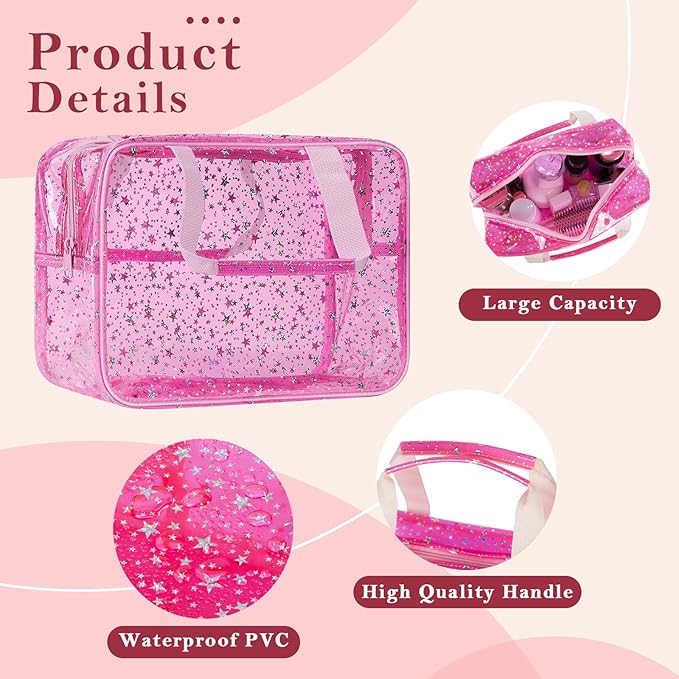 Playexen Clear Makeup Bags, Clear Travel Toiletry Bag with Extra Small Glitter Cosmetic Bag, Waterproof Essential Organizer Pouch for Sports Travel Beach (Stars-Black)