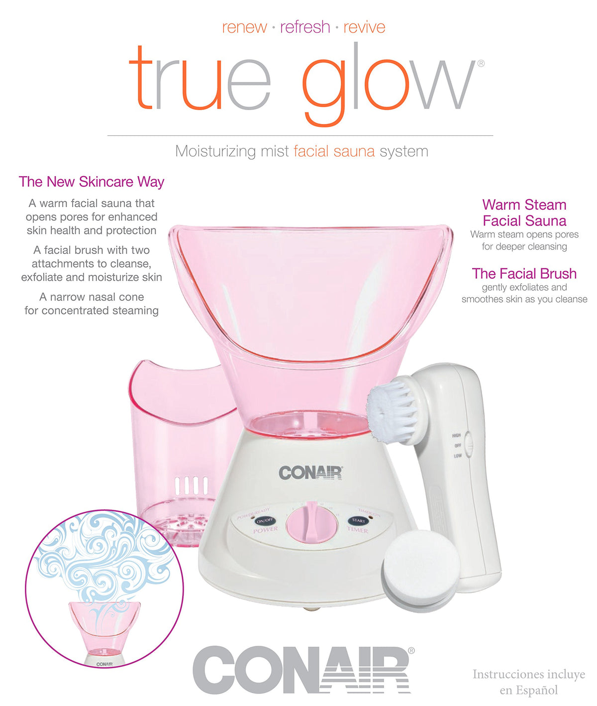 True Glow by Conair Moisturizing Mist Facial Sauna System; Pink / Cream