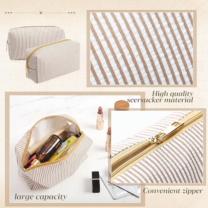 Sanwuta 12 Pcs Seersucker Cosmetic Bags Bulk Seersucker Makeup Bags Stripe Women Pouch Large Preppy Storage Pouch Toiletry Travel for Wedding Bridesmaid Bride Favor Back to Teacher Gift (Khaki)