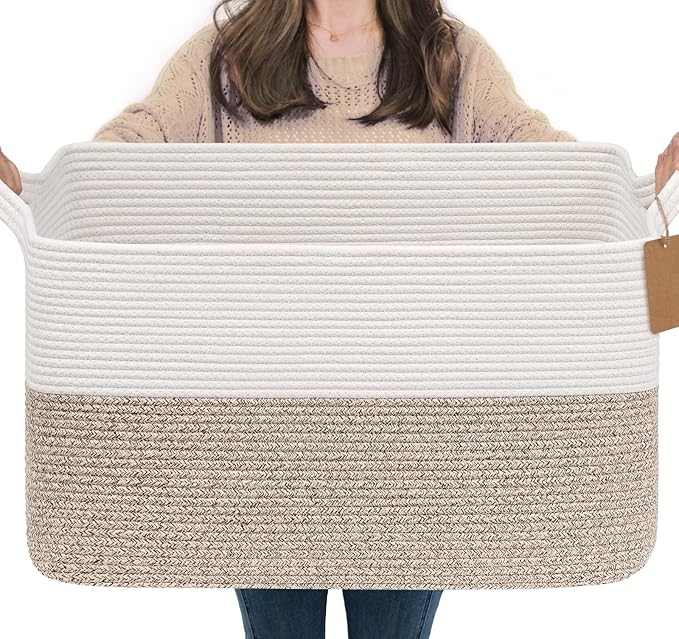 Goodpick Extra Large Woven Rope Storage Basket, Rectangle, Light Gray