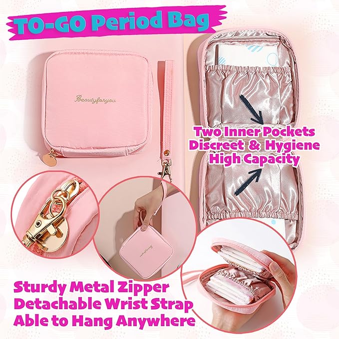 First Period kit for Girls | 23 PC Period Packs for Young Girls First Time | First Period Gift for Teen Girls with Sanitary Pad Storage Bag, Wipes, Bracelet, Eye Mask, Socks and More(Pink)