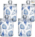 4 Pack Qtip Holder Dispenser Blue Seashells Ocean Nautical Coastal Cotton Ball Swab Round Pads Floss Clear Bathroom Storage Containers Plastic Apothecary Jars with Lids