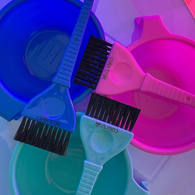Colortrak Hair Dye Bowl Caddy, Includes Center Caddy Pole and Three Color Coded Bowls with Matching Brushes, Bowls Marked for Measurements, Bowls with Individual Handles