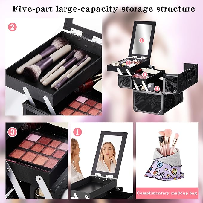 GALHUBIS Makeup Train Case, Portable Makeup Case with Mirror, 2-Trays Cosmetic Organizer Case,Nail Polish Organizer, Travel Makeup Box, Profesional for Salon Barber, Pattern Black