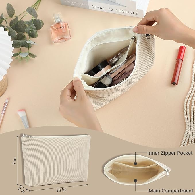 Fammart Corduroy Makeup Bag, Travel Cosmetic Bag Organizer Toiletry Bag Make Up Bags with Zipper & Compartments for Women Girls