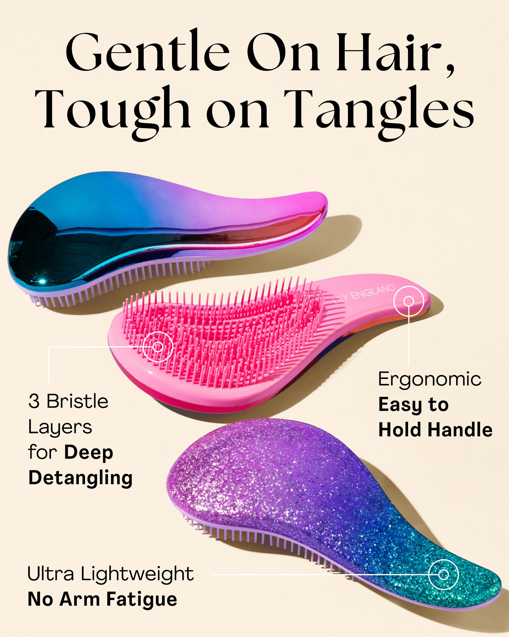 Lily England Detangler Brush & Comb Set - Lightweight Wide Tooth Detangling Tool for Women & Kids - Smooths Curly, Straight, Dry, Fine, & Thick Hair, Purple