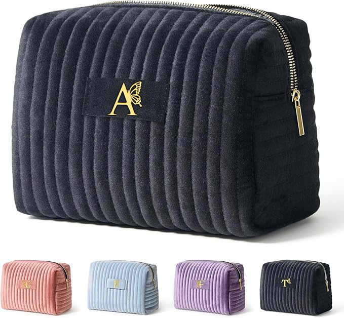 COSHAYSOO Travel Makeup Bag Quilted Make Up Pouch Initial Cosmetic Case with Butterfly Decorations for Women Lipstick Glossier Lipgloss Lip Stain Moisturizer Mascara Eyeliner Organizer Black Letter P