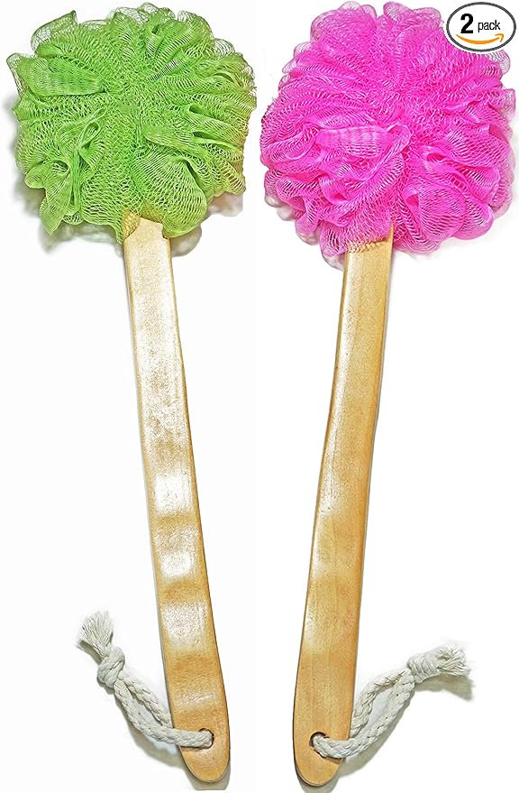 Shower Loofah Body & Back Scrubber - Exfoliating Loofah luffa loofa Bath Brush On a Stick - with Long Wooden Handle Back Brush for Men & Women - Easy Reach Body Wash & Lotion Applicator 2-Pack
