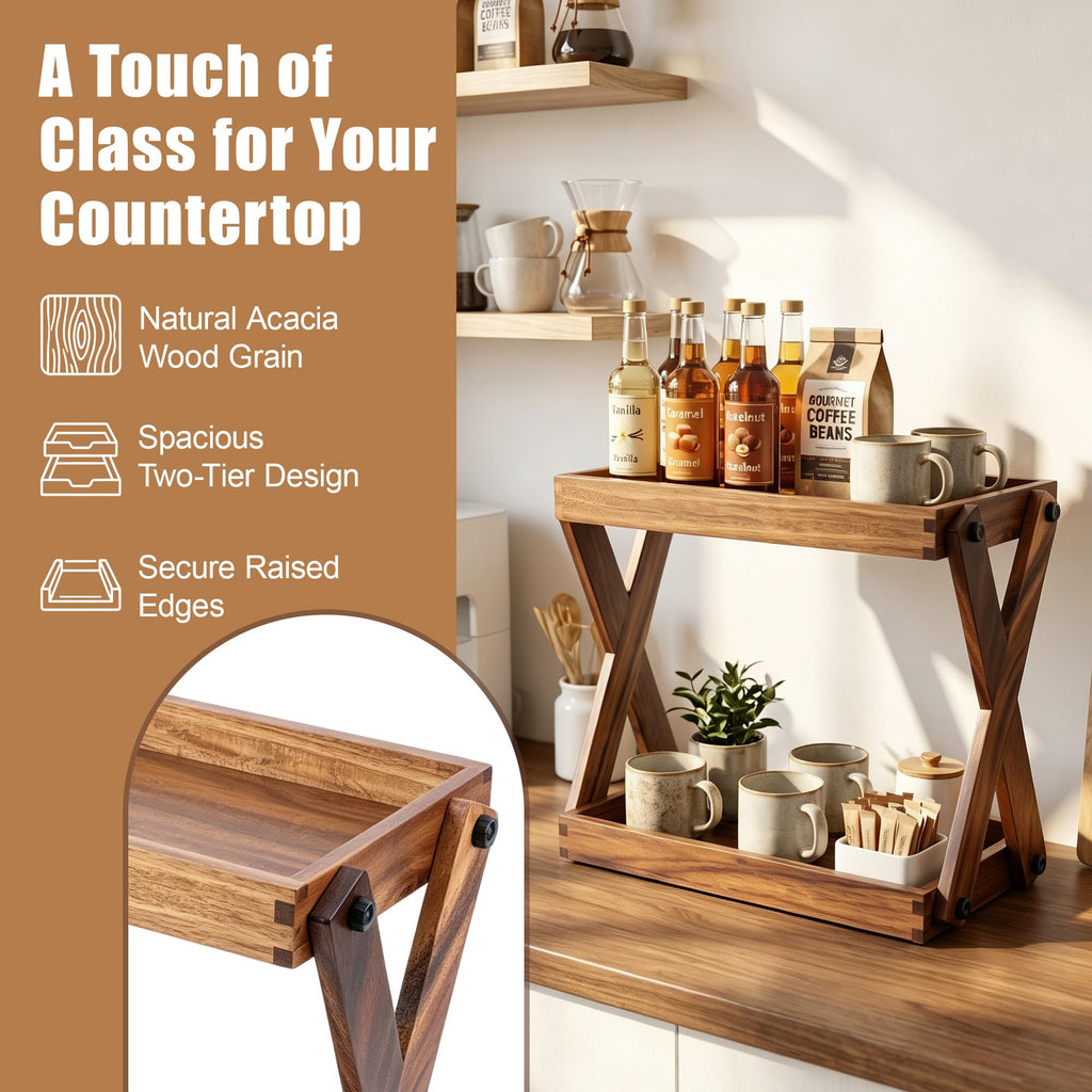 2 Tier Wood Countertop Organizer Shelf for Kitchen Bathroom Spice Storage