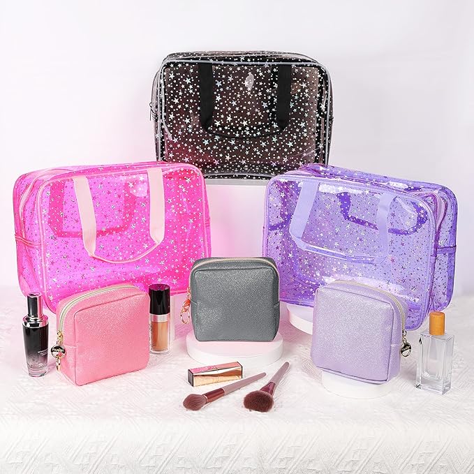 Playexen Clear Makeup Bags, Clear Travel Toiletry Bag with Extra Small Glitter Cosmetic Bag, Waterproof Essential Organizer Pouch for Sports Travel Beach (Stars-Black)